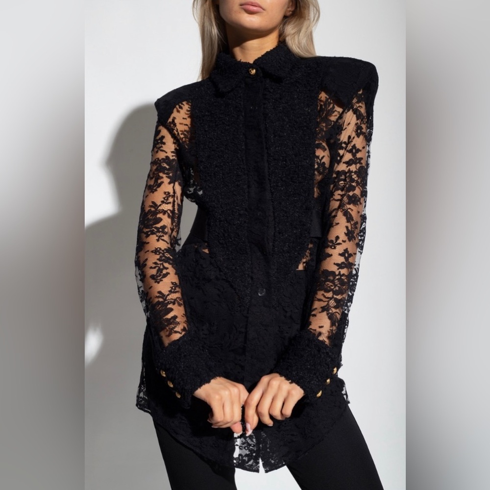 Balmain Long lace shirt
Tweed Bib-Front Sheer Lace Shirt